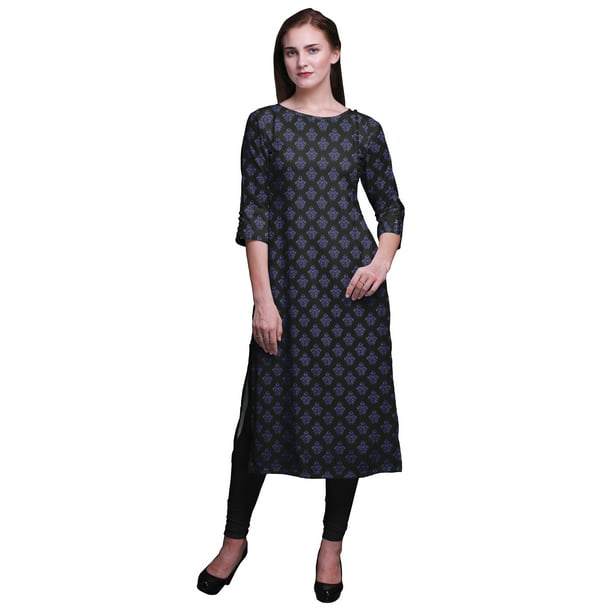 Details about    Women A-Line Traditional Kurta Blue Color Round Neck 3/4 Sleeves Casual Wear
